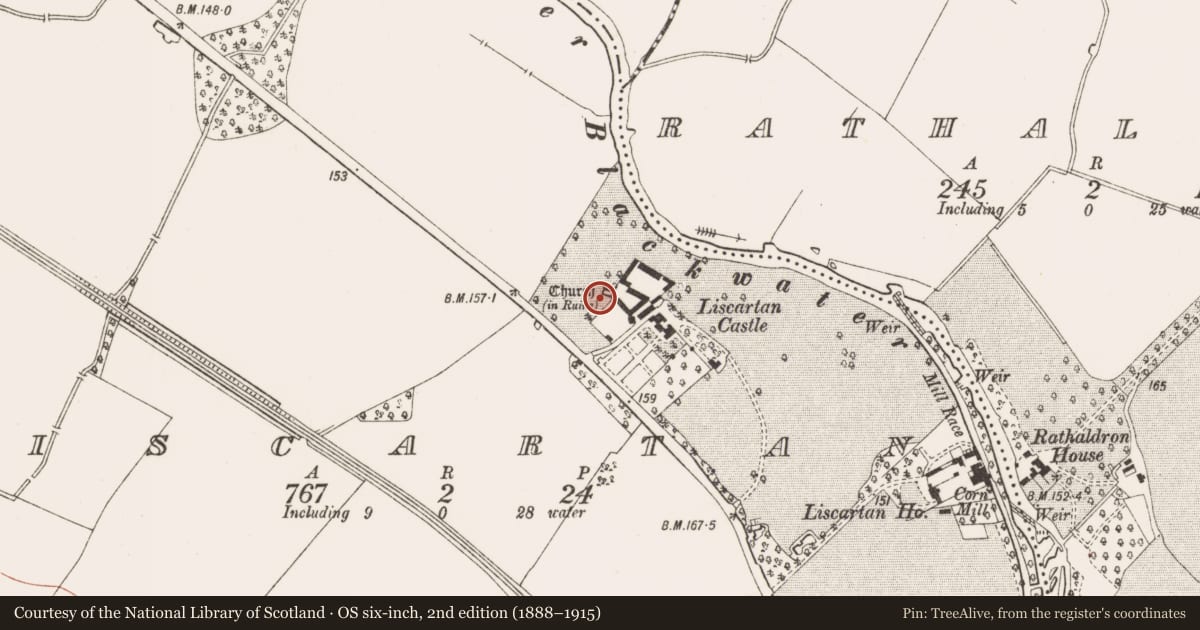 Ordnance Survey six-inch map, 2nd edition (1888–1915) covering the location of Graveyard, Liscartan, County Meath, with a pin at the register's coordinates