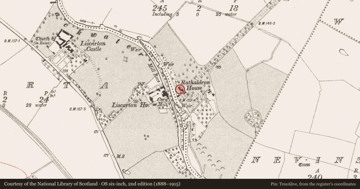 Ordnance Survey six-inch map, 2nd edition (1888–1915) covering the location of Castle - tower house, Rathaldron, County Meath, with a pin at the register's coordinates