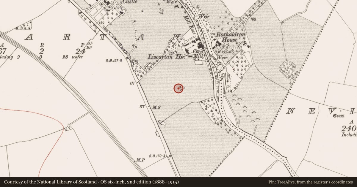 Ordnance Survey six-inch map, 2nd edition (1888–1915) covering the location of Mound, Liscartan, County Meath, with a pin at the register's coordinates