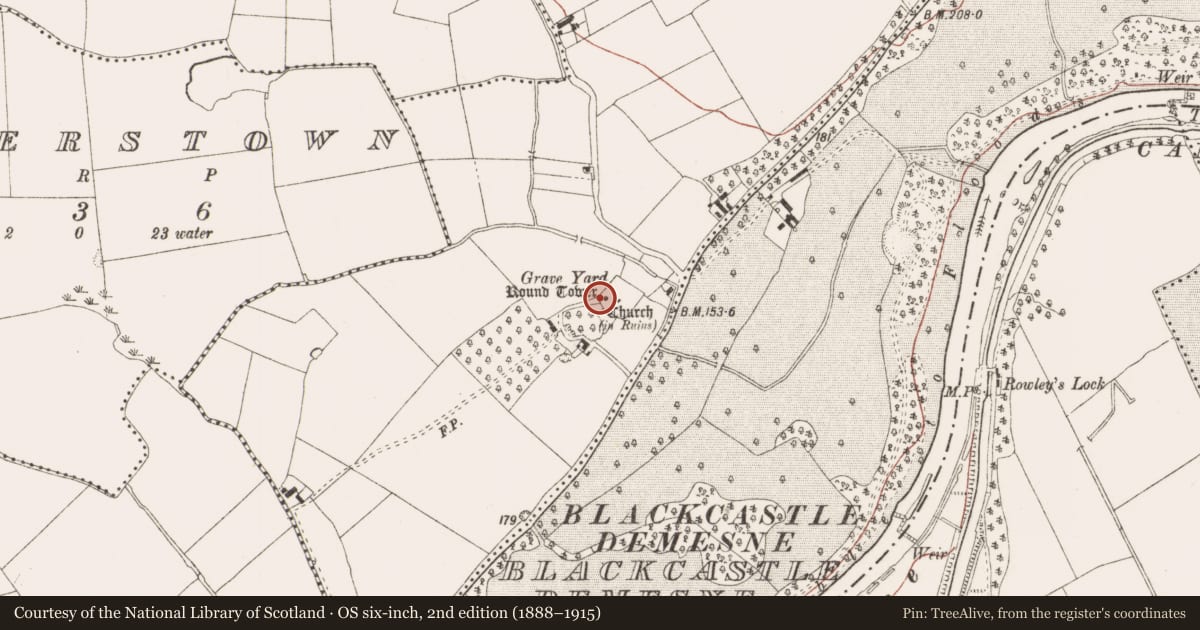 Ordnance Survey six-inch map, 2nd edition (1888–1915) covering the location of Round tower, Donaghmore, County Meath, with a pin at the register's coordinates