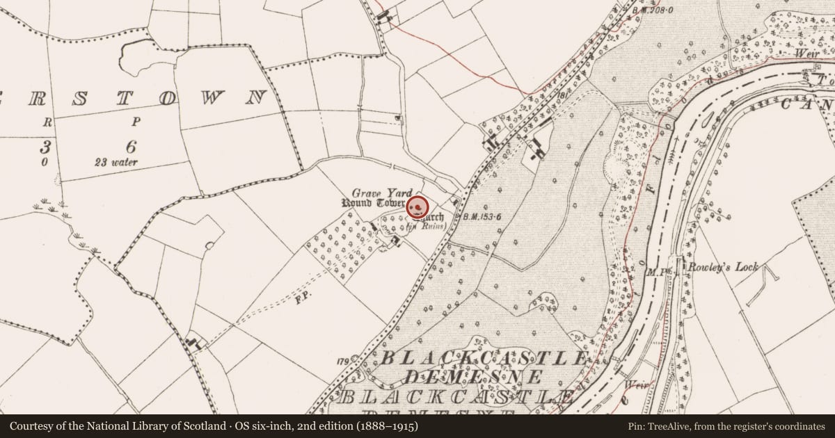 Ordnance Survey six-inch map, 2nd edition (1888–1915) covering the location of Cross - High cross, Donaghmore, County Meath, with a pin at the register's coordinates