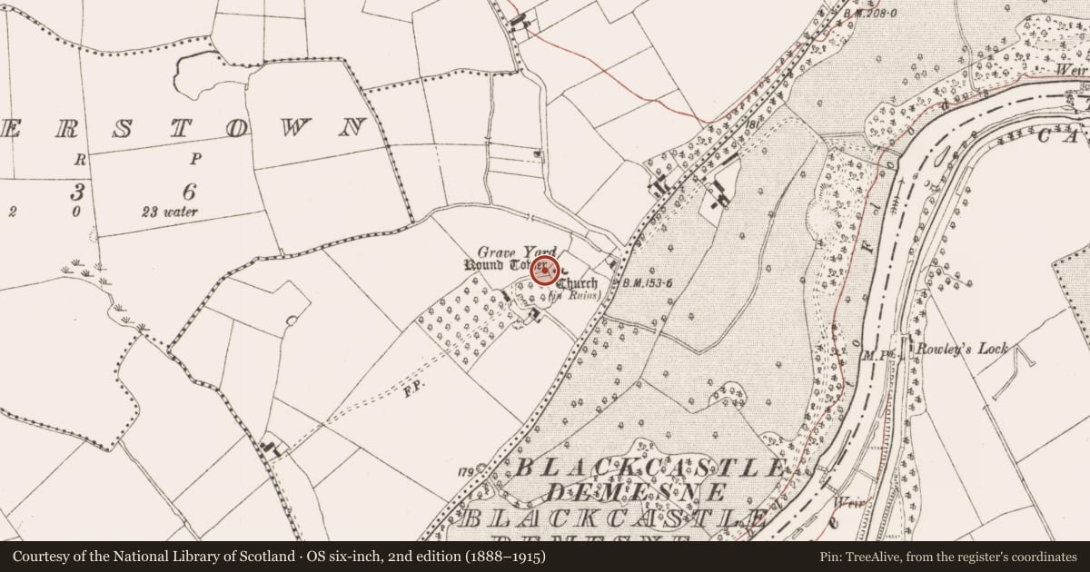 Ordnance Survey six-inch map, 2nd edition (1888–1915) covering the location of Graveslab, Donaghmore, County Meath, with a pin at the register's coordinates