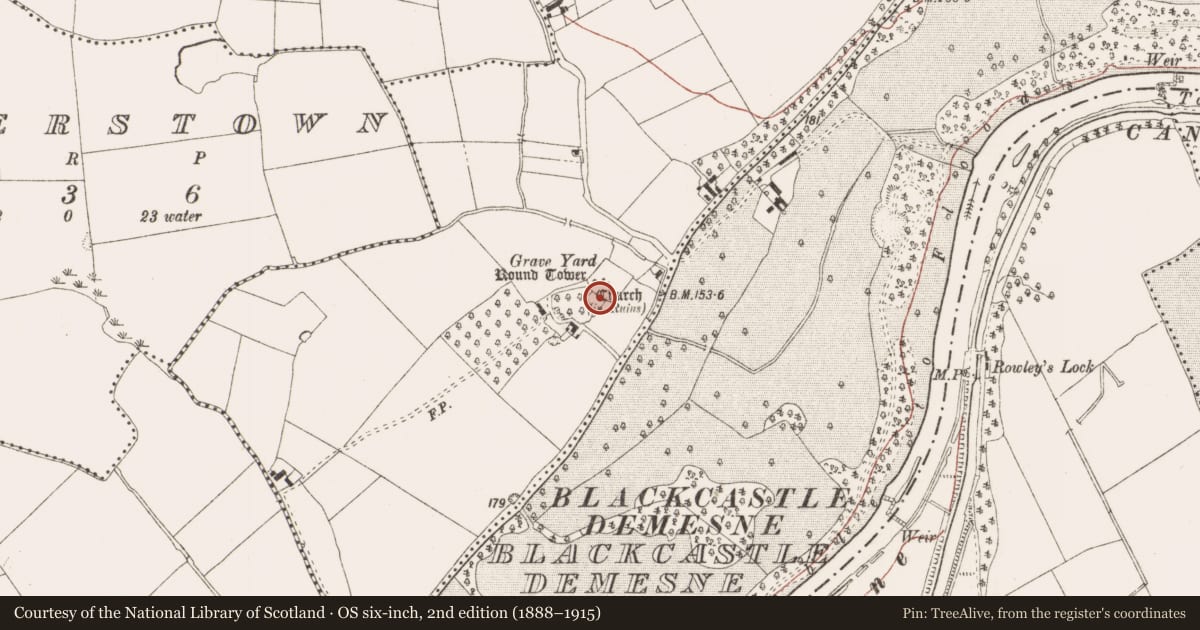 Ordnance Survey six-inch map, 2nd edition (1888–1915) covering the location of Cross-slab, Donaghmore, County Meath, with a pin at the register's coordinates