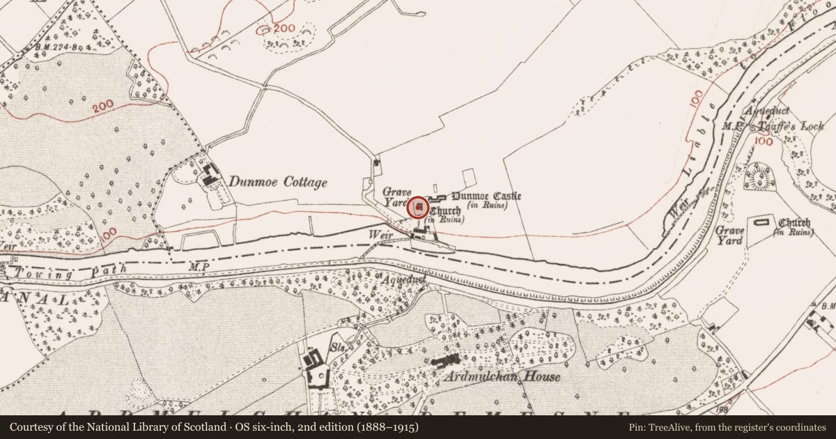 Ordnance Survey six-inch map, 2nd edition (1888–1915) covering the location of Burial Vault, Dunmoe, County Meath, with a pin at the register's coordinates