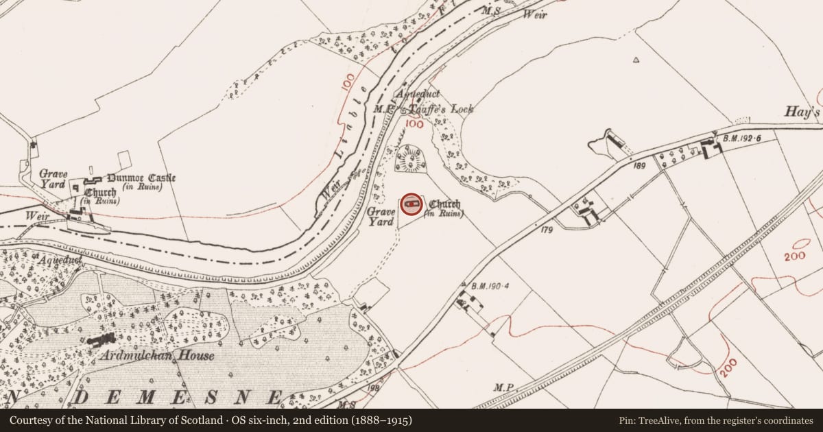 Ordnance Survey six-inch map, 2nd edition (1888–1915) covering the location of Church, Ardmulchan, County Meath, with a pin at the register's coordinates