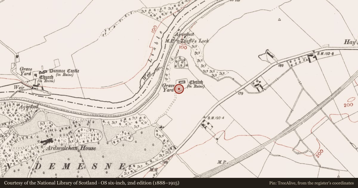 Ordnance Survey six-inch map, 2nd edition (1888–1915) covering the location of Cross-slab, Ardmulchan, County Meath, with a pin at the register's coordinates