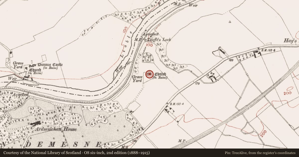 Ordnance Survey six-inch map, 2nd edition (1888–1915) covering the location of Graveslab, Ardmulchan, County Meath, with a pin at the register's coordinates