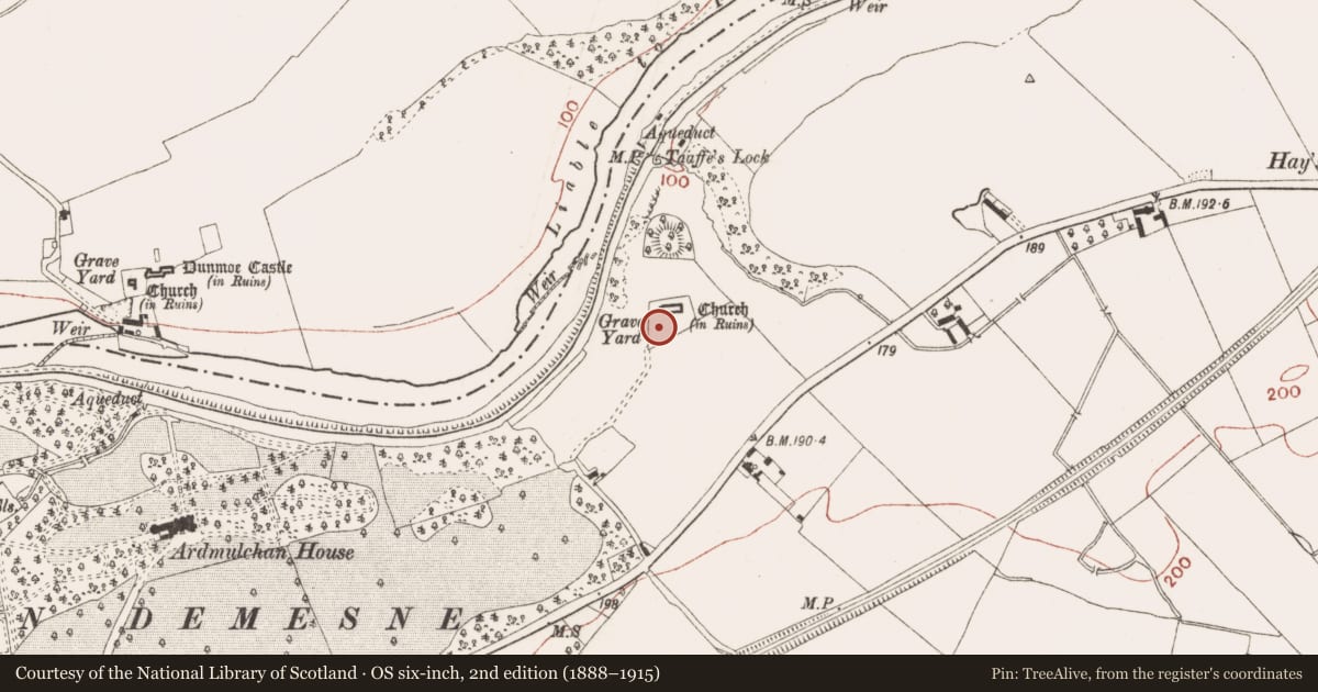 Ordnance Survey six-inch map, 2nd edition (1888–1915) covering the location of Graveslab, Ardmulchan, County Meath, with a pin at the register's coordinates