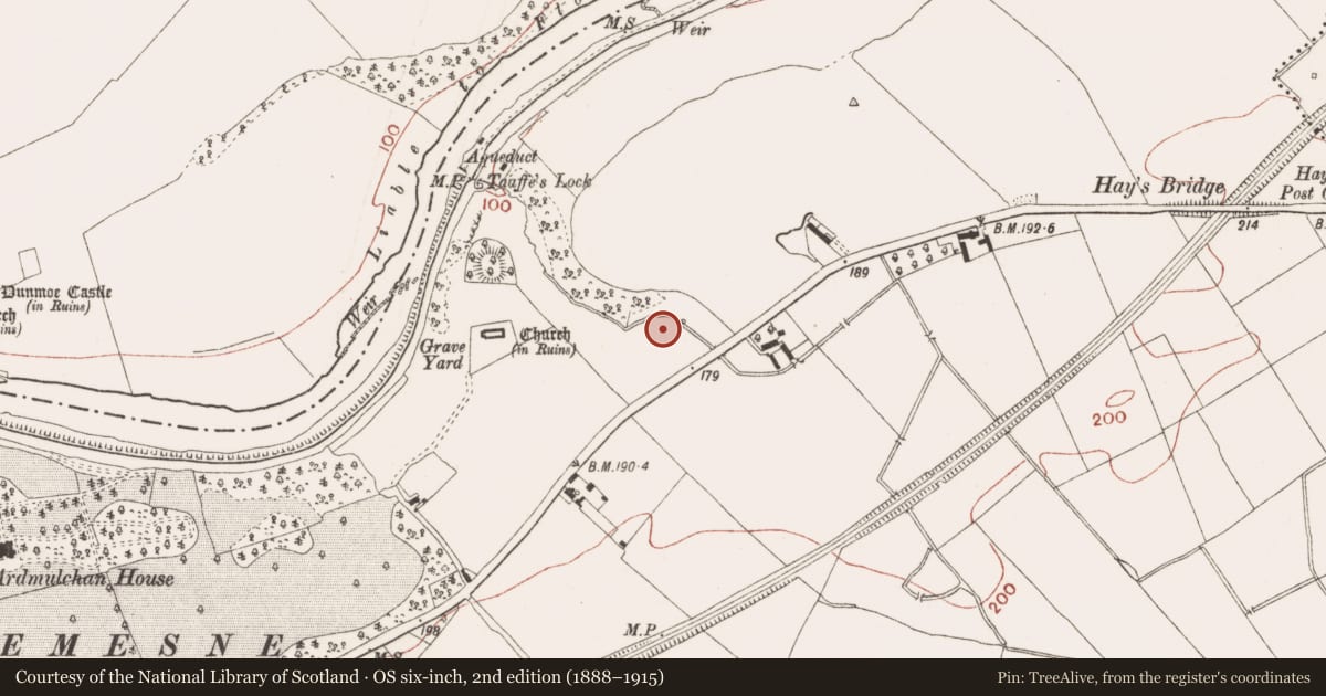 Ordnance Survey six-inch map, 2nd edition (1888–1915) covering the location of Enclosure, Ardmulchan, County Meath, with a pin at the register's coordinates