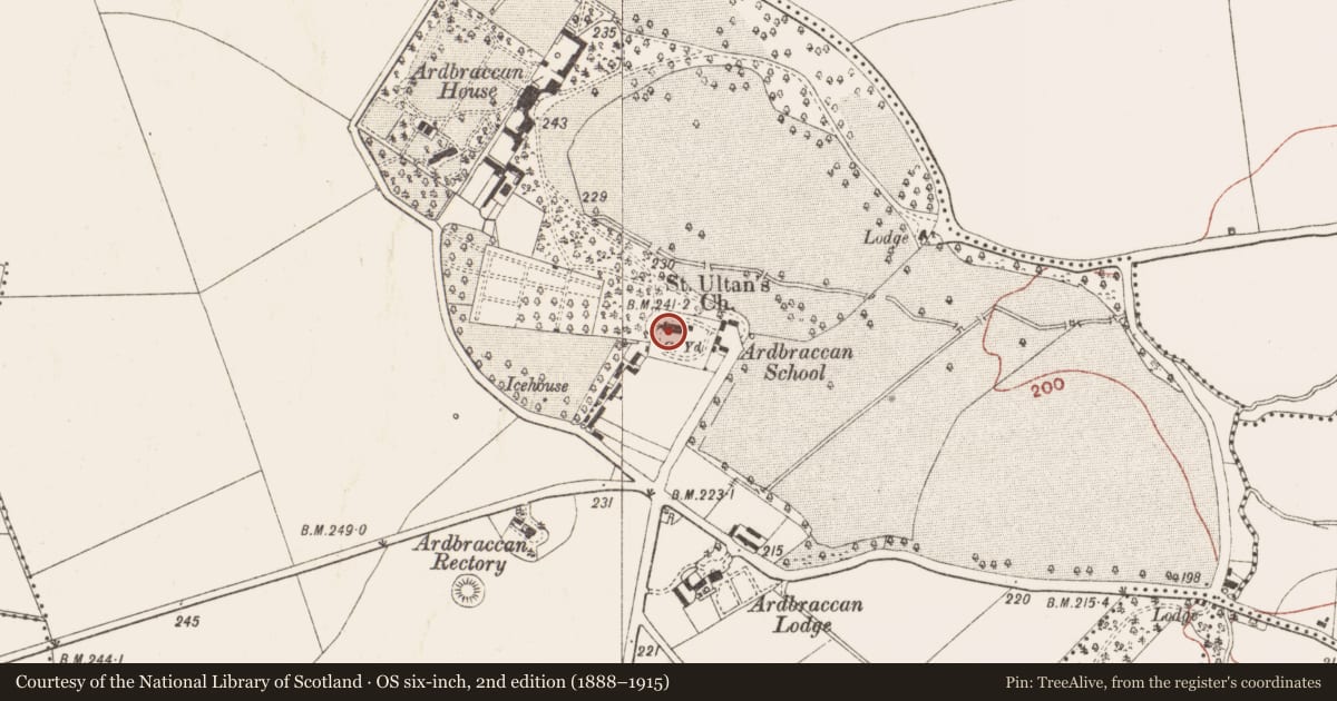 Ordnance Survey six-inch map, 2nd edition (1888–1915) covering the location of Church, Ardbraccan, County Meath, with a pin at the register's coordinates