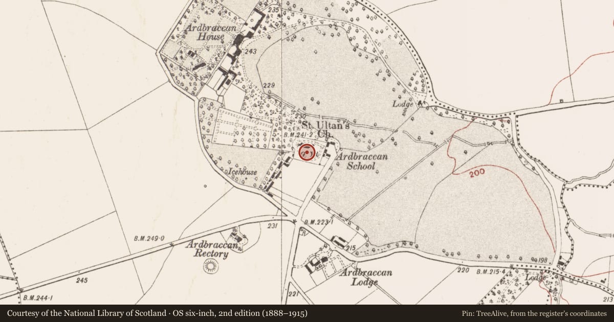 Ordnance Survey six-inch map, 2nd edition (1888–1915) covering the location of Graveyard, Ardbraccan, County Meath, with a pin at the register's coordinates