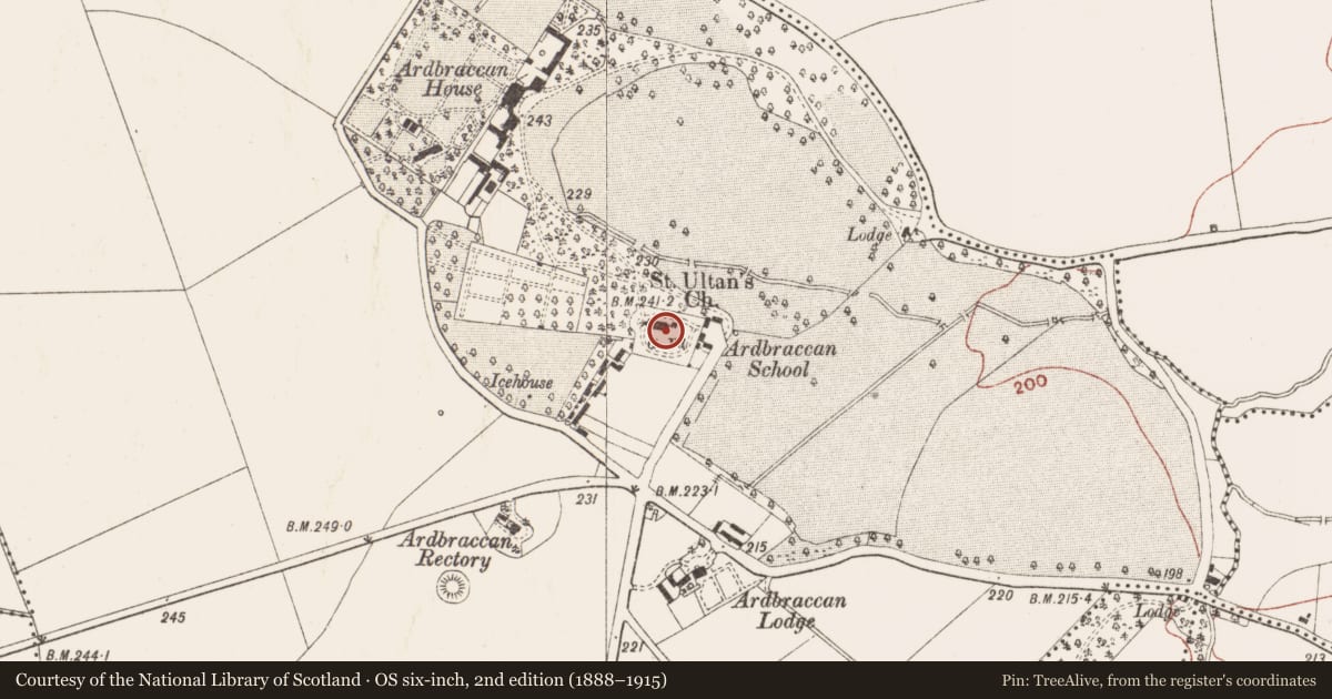 Ordnance Survey six-inch map, 2nd edition (1888–1915) covering the location of Tomb - chest tomb, Ardbraccan, County Meath, with a pin at the register's coordinates