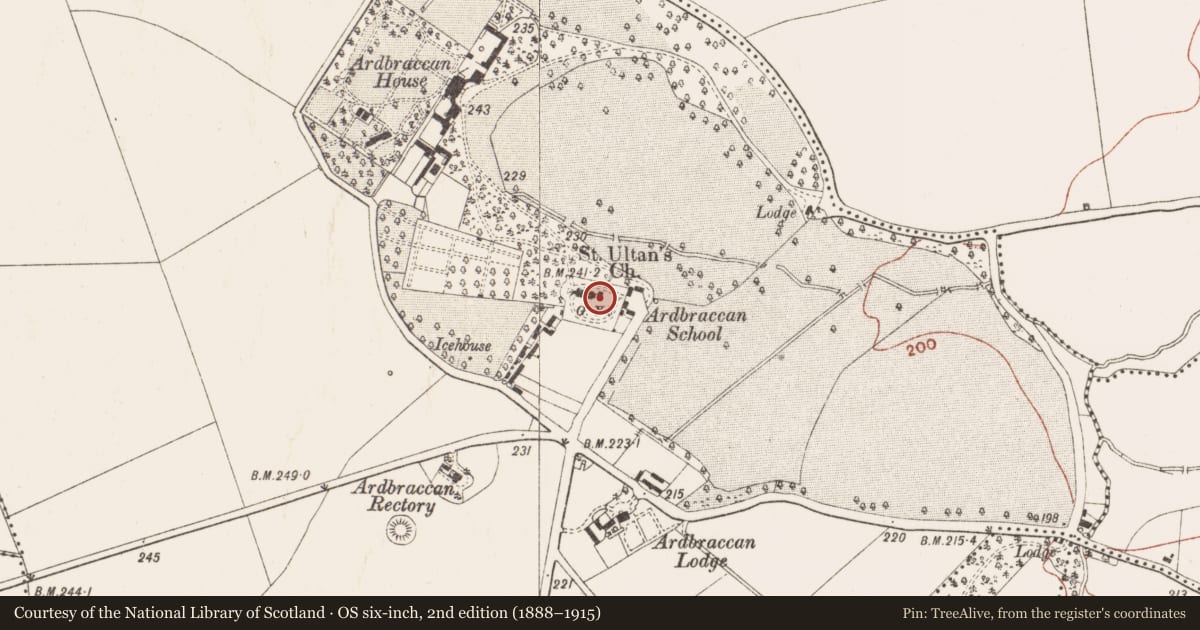 Ordnance Survey six-inch map, 2nd edition (1888–1915) covering the location of Graveslab, Ardbraccan, County Meath, with a pin at the register's coordinates