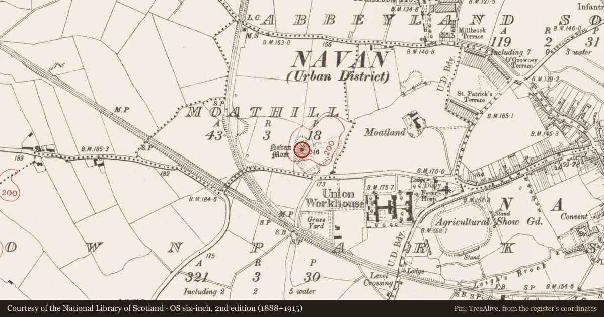 Ordnance Survey six-inch map, 2nd edition (1888–1915) covering the location of Castle - motte and bailey, Moathill, County Meath, with a pin at the register's coordinates