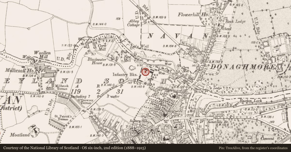 Ordnance Survey six-inch map, 2nd edition (1888–1915) covering the location of Religious house - Augustinian canons, Abbeyland South, County Meath, with a pin at the register's coordinates