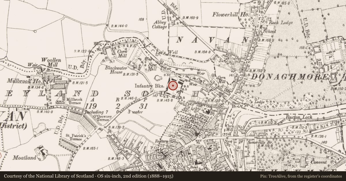 Ordnance Survey six-inch map, 2nd edition (1888–1915) covering the location of Graveyard, Abbeyland South, County Meath, with a pin at the register's coordinates