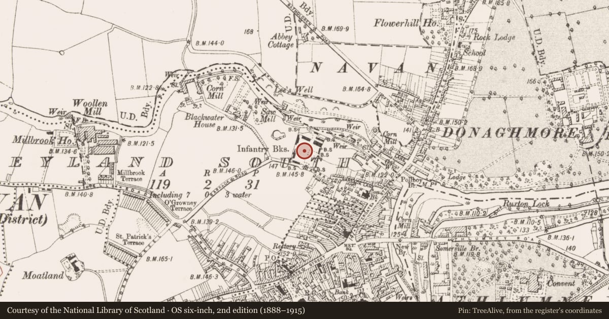 Ordnance Survey six-inch map, 2nd edition (1888–1915) covering the location of Font, Abbeyland South, County Meath, with a pin at the register's coordinates