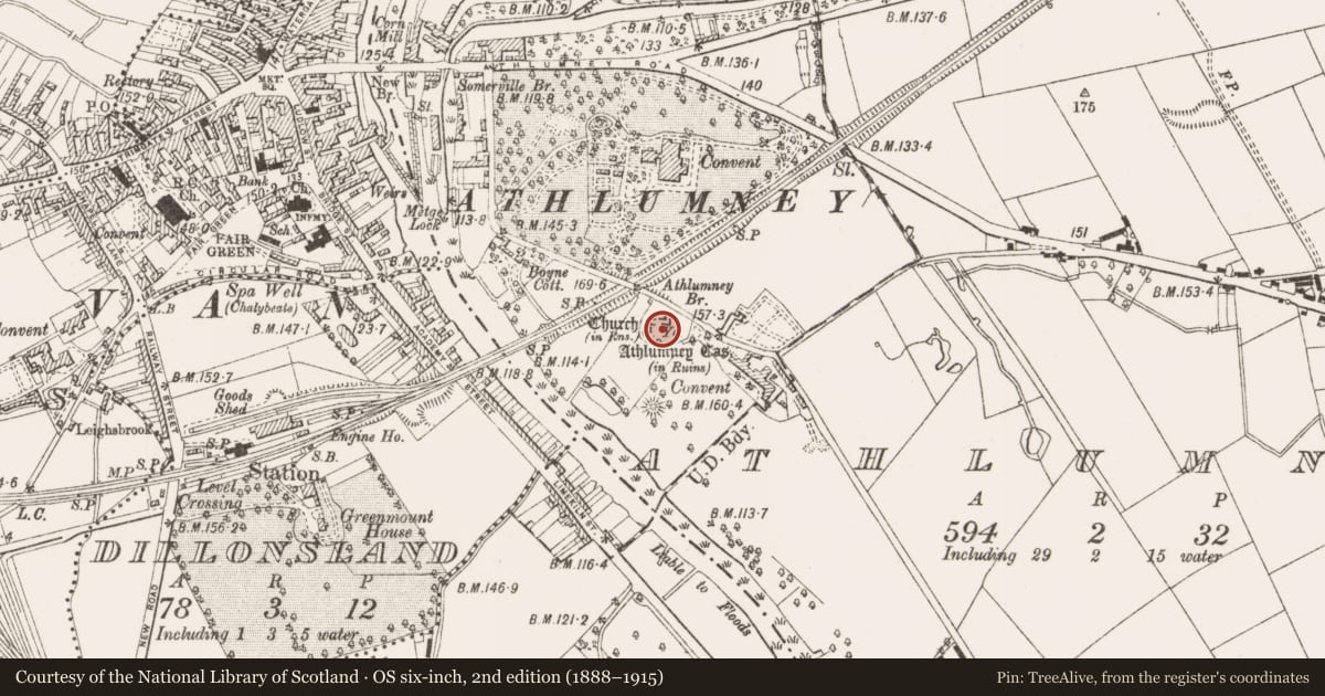 Ordnance Survey six-inch map, 2nd edition (1888–1915) covering the location of Graveyard, Athlumney, County Meath, with a pin at the register's coordinates