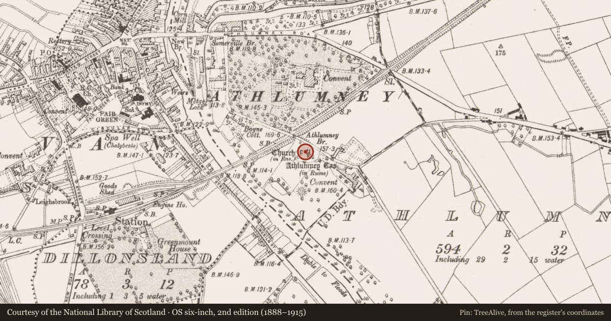 Ordnance Survey six-inch map, 2nd edition (1888–1915) covering the location of Graveslab, Athlumney, County Meath, with a pin at the register's coordinates