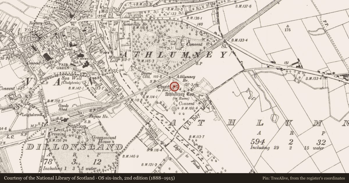 Ordnance Survey six-inch map, 2nd edition (1888–1915) covering the location of Font, Athlumney, County Meath, with a pin at the register's coordinates