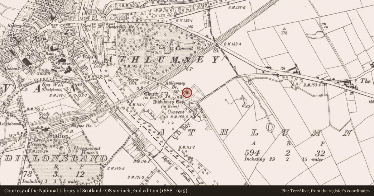 Ordnance Survey six-inch map, 2nd edition (1888–1915) covering the location of Castle - tower house, Athlumney, County Meath, with a pin at the register's coordinates