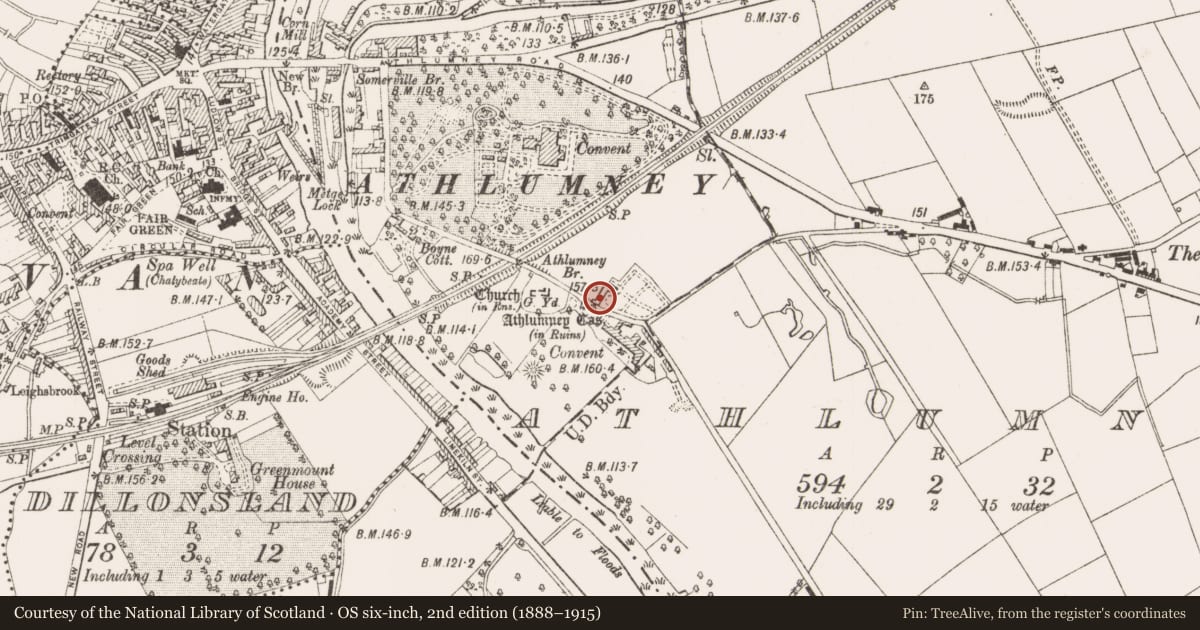 Ordnance Survey six-inch map, 2nd edition (1888–1915) covering the location of House - 16th/17th century, Athlumney, County Meath, with a pin at the register's coordinates