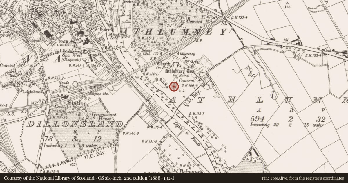 Ordnance Survey six-inch map, 2nd edition (1888–1915) covering the location of Castle - motte, Athlumney, County Meath, with a pin at the register's coordinates