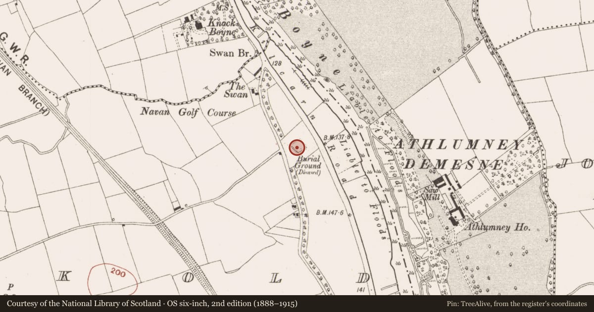 Ordnance Survey six-inch map, 2nd edition (1888–1915) covering the location of Graveyard, Balreask Old, County Meath, with a pin at the register's coordinates
