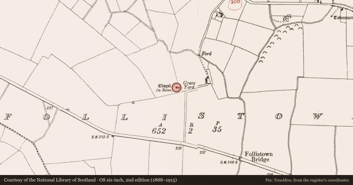 Ordnance Survey six-inch map, 2nd edition (1888–1915) covering the location of Font, Follistown, County Meath, with a pin at the register's coordinates