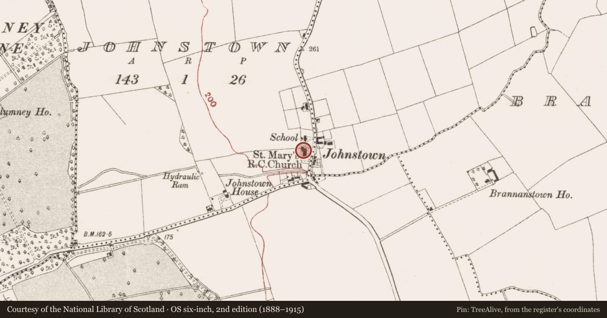 Ordnance Survey six-inch map, 2nd edition (1888–1915) covering the location of Font (present location), Johnstown, County Meath, with a pin at the register's coordinates