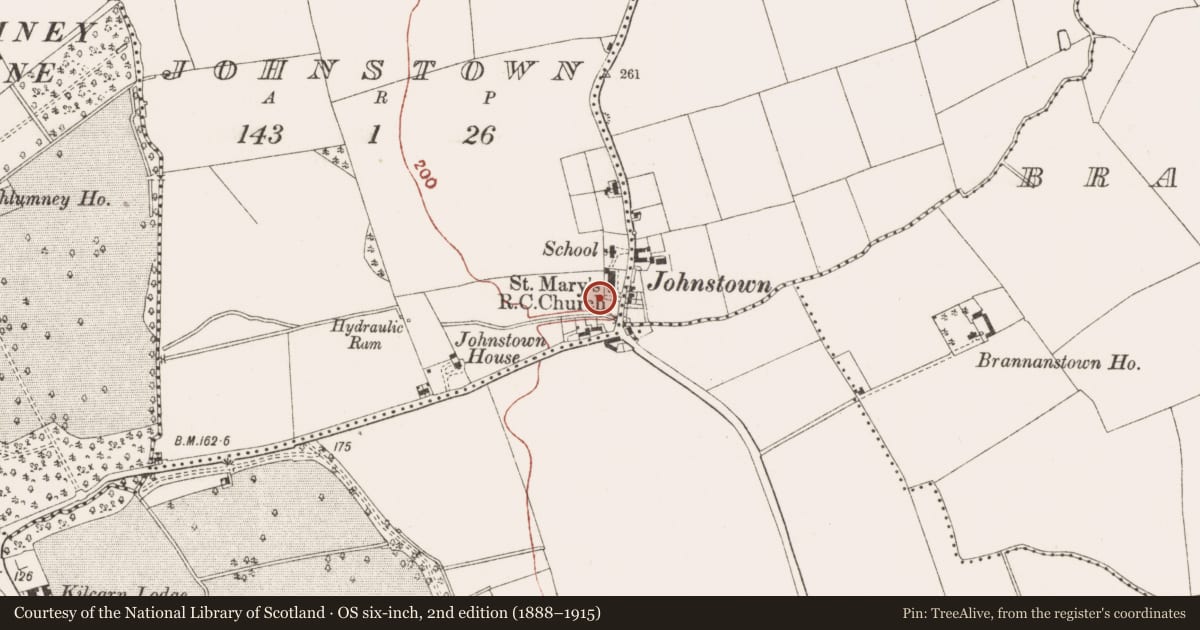 Ordnance Survey six-inch map, 2nd edition (1888–1915) covering the location of Font (present location), Johnstown, County Meath, with a pin at the register's coordinates