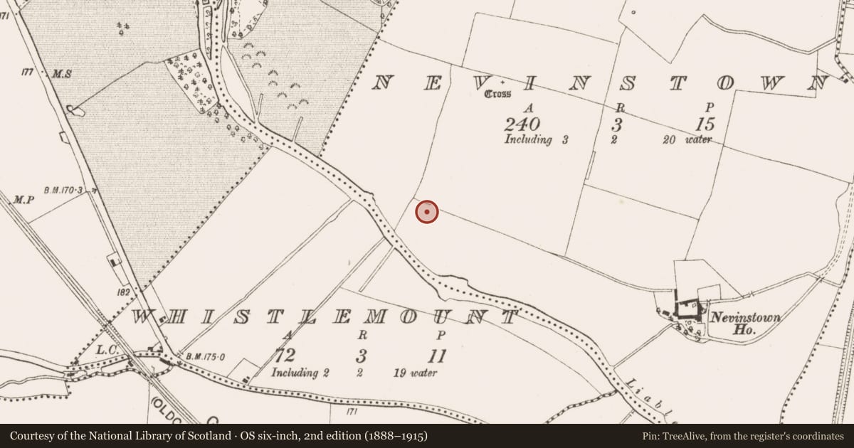 Ordnance Survey six-inch map, 2nd edition (1888–1915) covering the location of Enclosure, Nevinstown, County Meath, with a pin at the register's coordinates