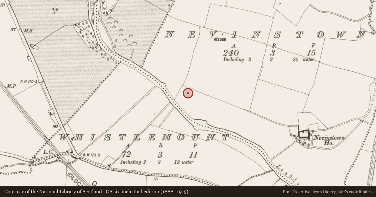 Ordnance Survey six-inch map, 2nd edition (1888–1915) covering the location of Pit-burial, Nevinstown, County Meath, with a pin at the register's coordinates