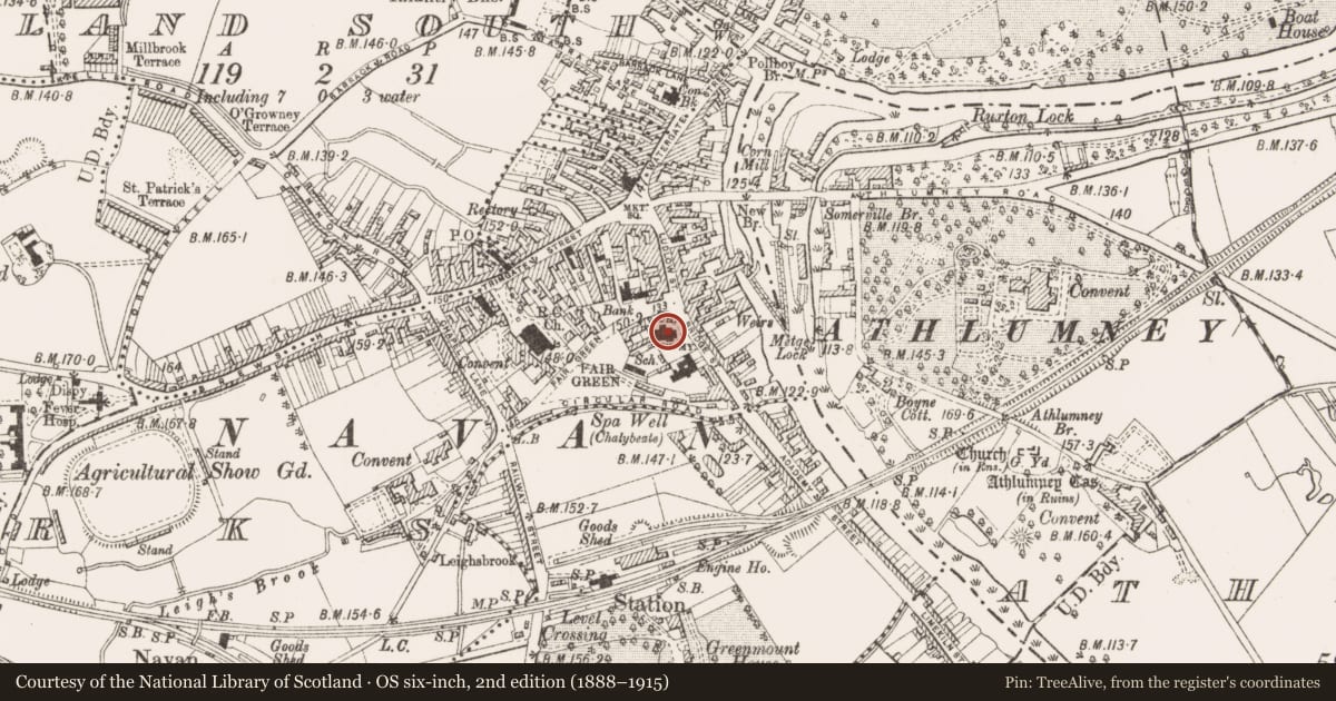 Ordnance Survey six-inch map, 2nd edition (1888–1915) covering the location of Font (present location), Townparks, County Meath, with a pin at the register's coordinates