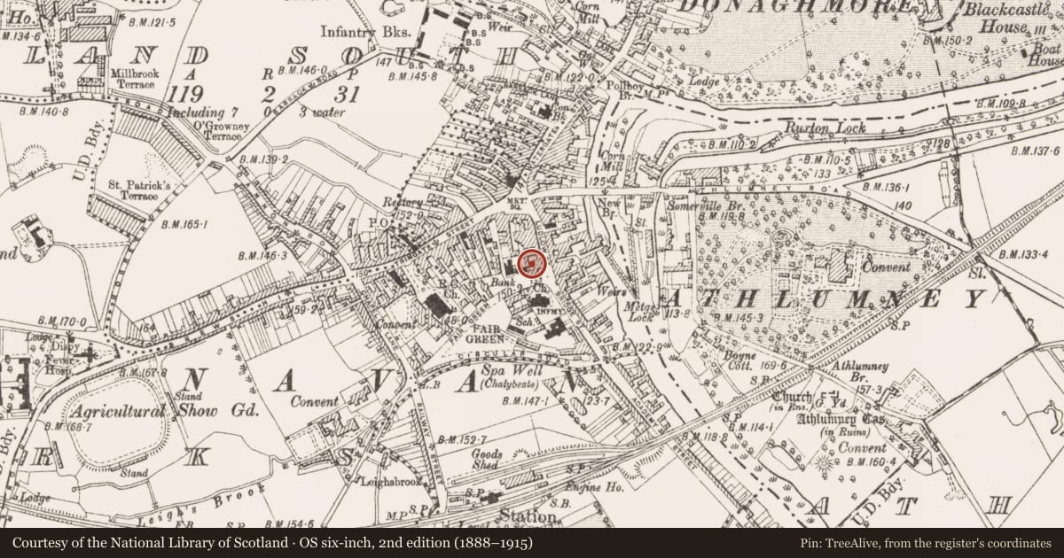 Ordnance Survey six-inch map, 2nd edition (1888–1915) covering the location of Well, Townparks, County Meath, with a pin at the register's coordinates