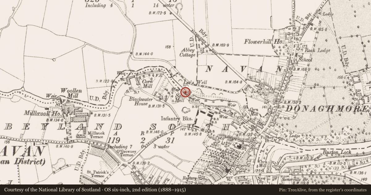Ordnance Survey six-inch map, 2nd edition (1888–1915) covering the location of Burnt mound, Abbeyland South, County Meath, with a pin at the register's coordinates