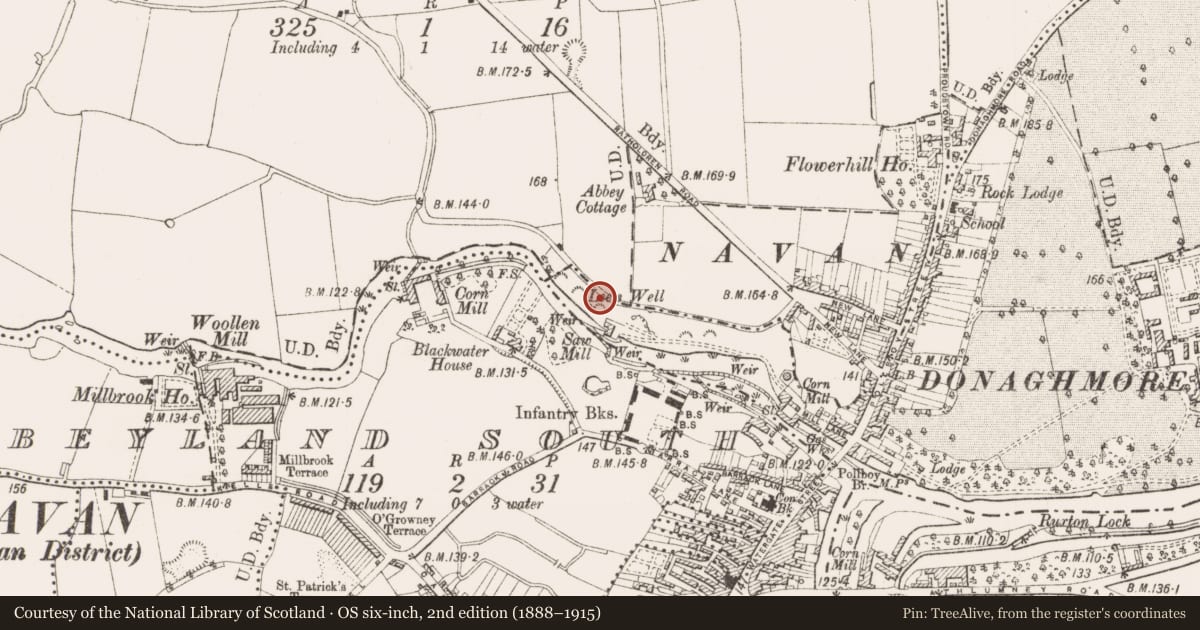 Ordnance Survey six-inch map, 2nd edition (1888–1915) covering the location of Kiln - corn-drying, Abbeyland South, County Meath, with a pin at the register's coordinates