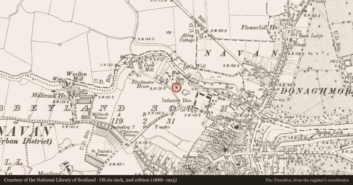 Ordnance Survey six-inch map, 2nd edition (1888–1915) covering the location of Burnt spread, Abbeyland South, County Meath, with a pin at the register's coordinates