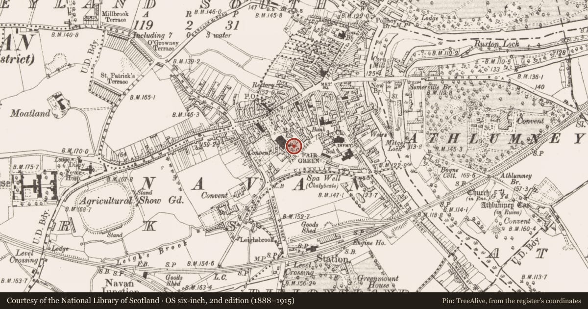 Ordnance Survey six-inch map, 2nd edition (1888–1915) covering the location of Architectural fragment, Townparks, County Meath, with a pin at the register's coordinates
