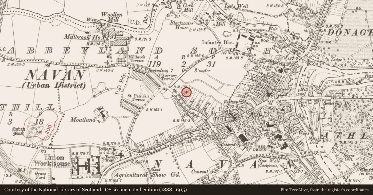 Ordnance Survey six-inch map, 2nd edition (1888–1915) covering the location of Excavation - miscellaneous, Abbeyland South, County Meath, with a pin at the register's coordinates