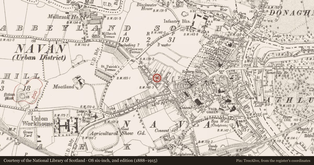 Ordnance Survey six-inch map, 2nd edition (1888–1915) covering the location of Pit, Abbeyland South, County Meath, with a pin at the register's coordinates