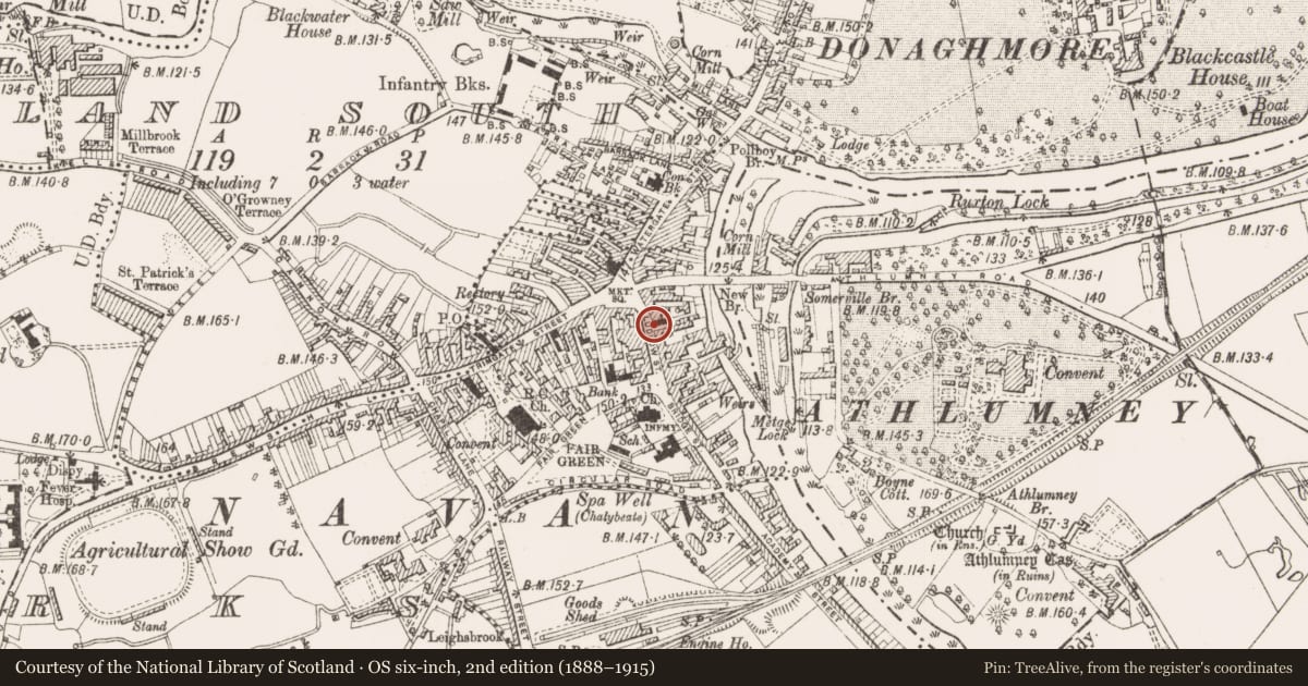 Ordnance Survey six-inch map, 2nd edition (1888–1915) covering the location of Market-house, Townparks, County Meath, with a pin at the register's coordinates