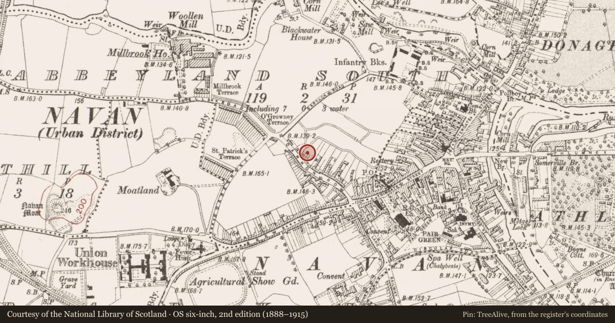 Ordnance Survey six-inch map, 2nd edition (1888–1915) covering the location of Pit, Abbeyland South, County Meath, with a pin at the register's coordinates