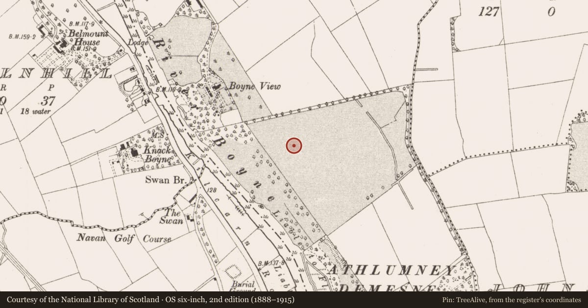 Ordnance Survey six-inch map, 2nd edition (1888–1915) covering the location of Field boundary, Athlumney, County Meath, with a pin at the register's coordinates