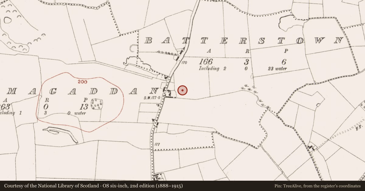 Ordnance Survey six-inch map, 2nd edition (1888–1915) covering the location of Enclosure, Batterstown, County Meath, with a pin at the register's coordinates