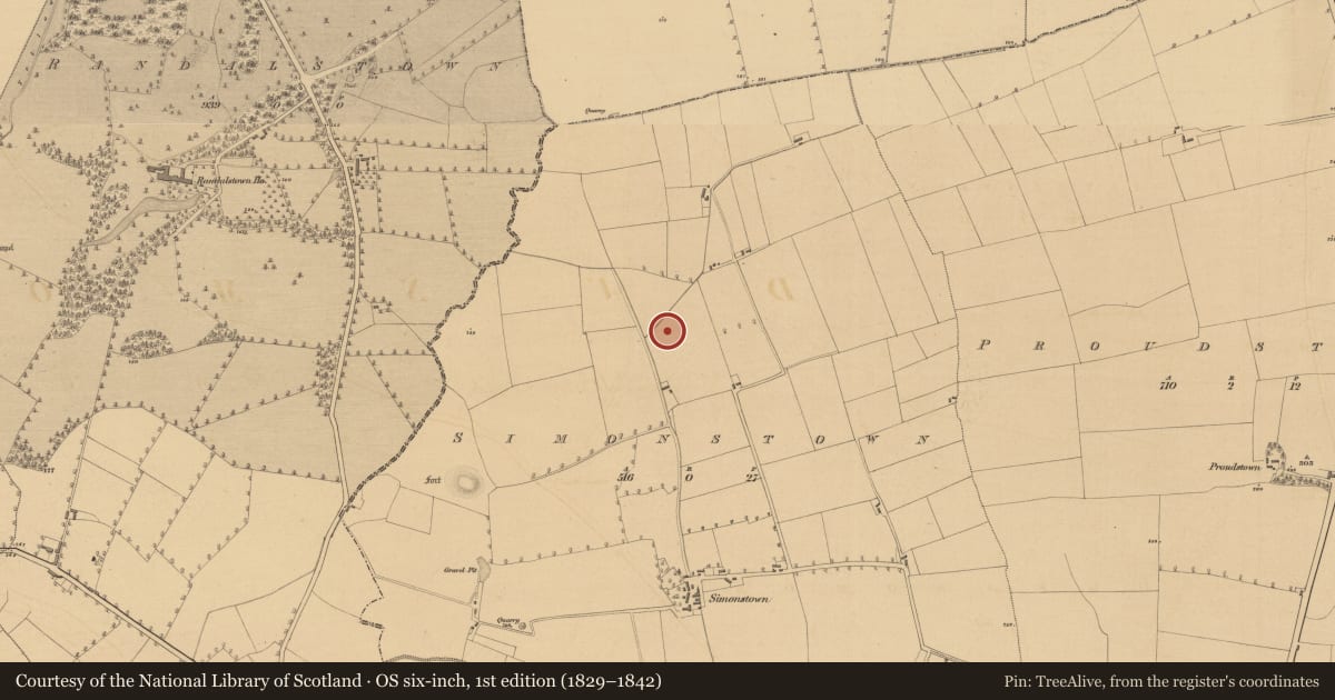 Ordnance Survey six-inch map, 1st edition (1829–1842) covering the location of Structure, Simonstown, County Meath, with a pin at the register's coordinates