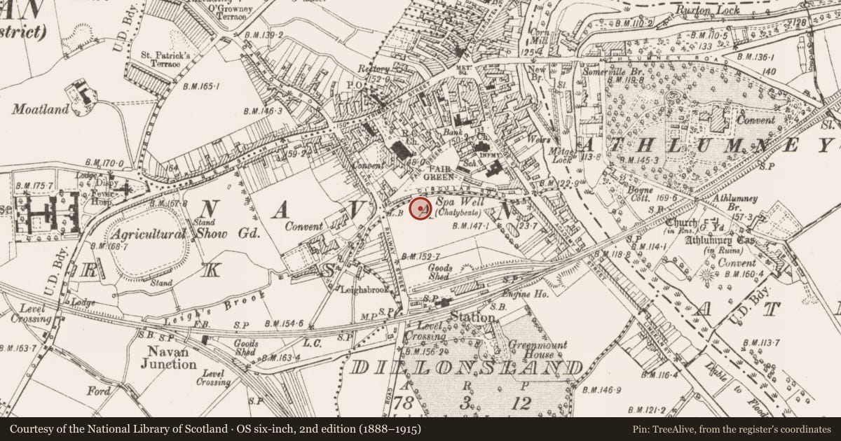 Ordnance Survey six-inch map, 2nd edition (1888–1915) covering the location of Cross - Wayside cross (present location), Dillonsland, County Meath, with a pin at the register's coordinates