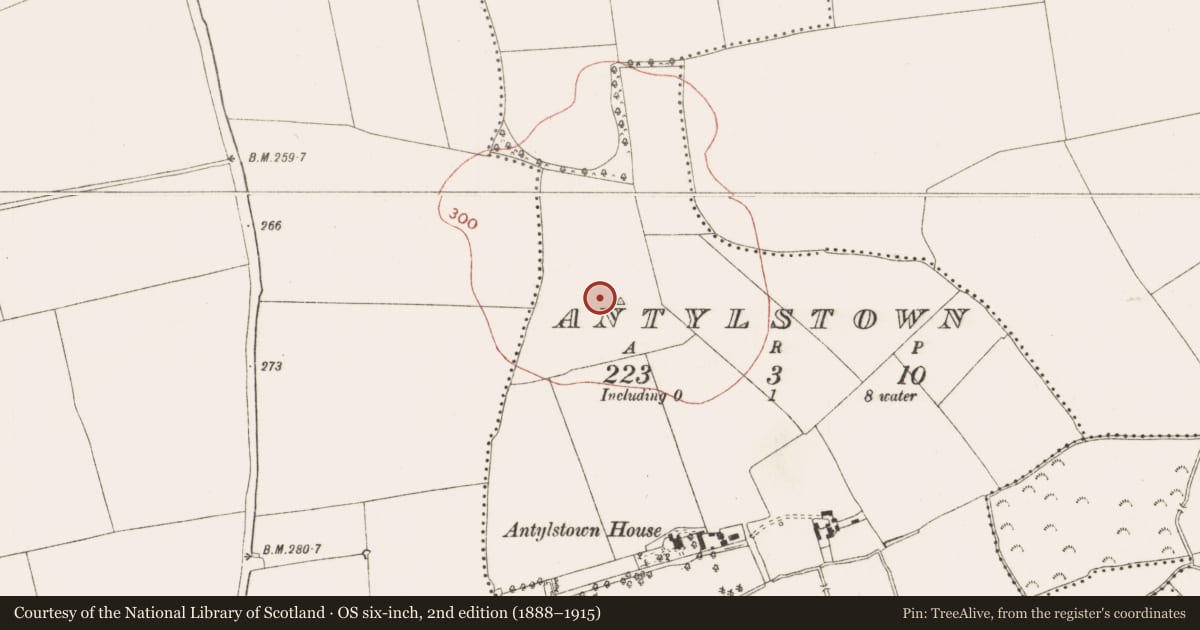 Ordnance Survey six-inch map, 2nd edition (1888–1915) covering the location of Enclosure, Antylstown, County Meath, with a pin at the register's coordinates