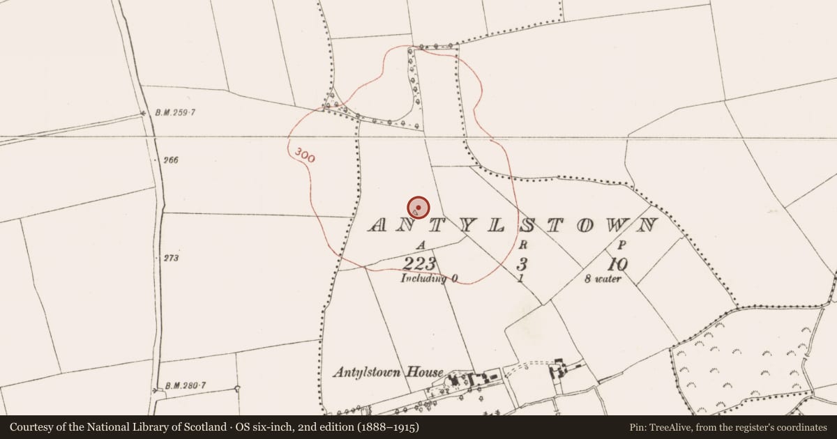 Ordnance Survey six-inch map, 2nd edition (1888–1915) covering the location of Ring-ditch, Antylstown, County Meath, with a pin at the register's coordinates