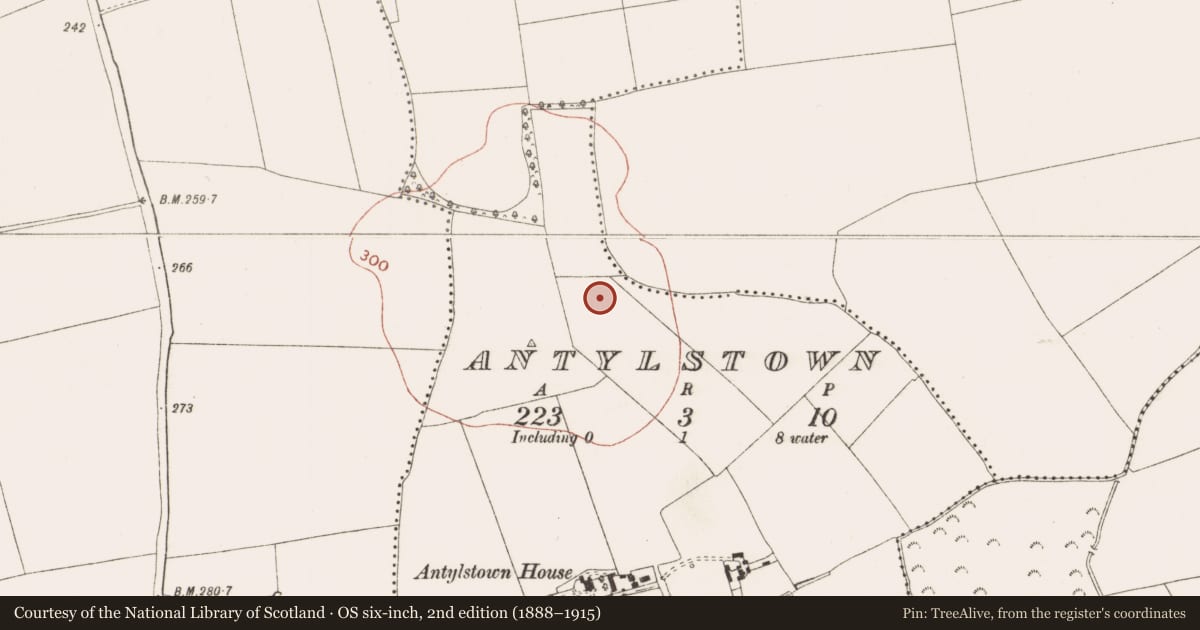 Ordnance Survey six-inch map, 2nd edition (1888–1915) covering the location of Enclosure, Antylstown, County Meath, with a pin at the register's coordinates